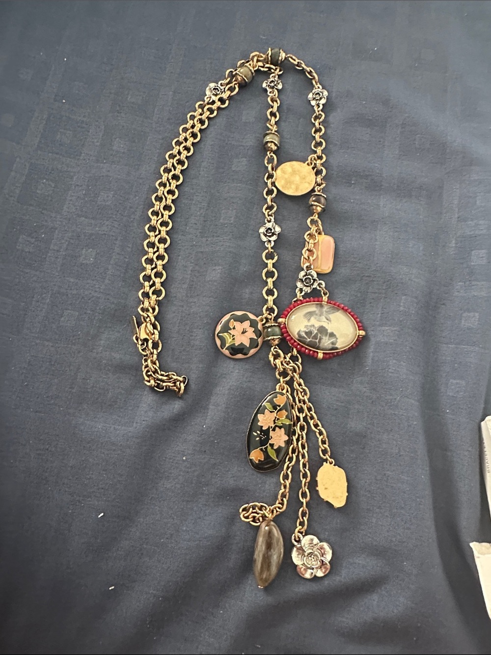 Gold-Tone Floral Charm Pendant Necklace - Pink & Red Accents